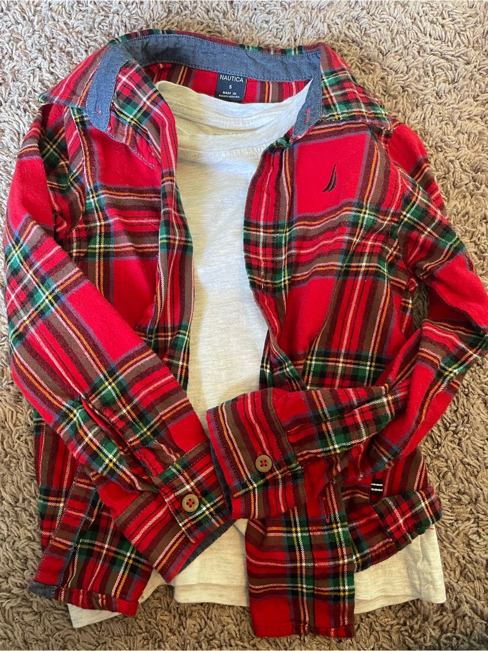 Nautica Red and Green Plaid Shirt with Blue Chambray Trim